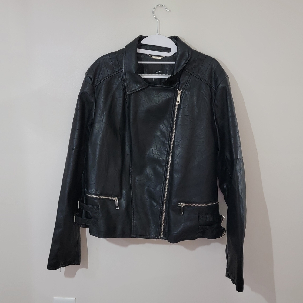 ANA A New Approach Black Moto Riding Jacket Faux Leather Size XXL Zip Closure